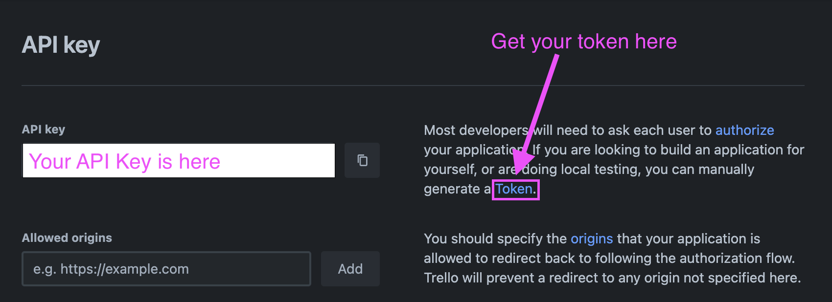 Copy your API key from the field and click the token link to generate your token